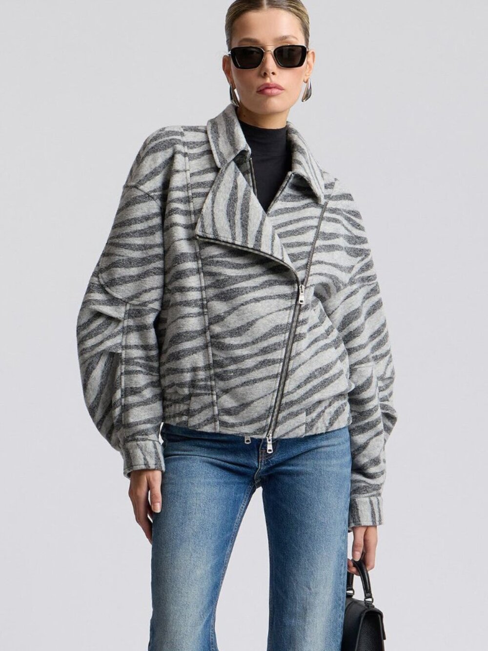 New Avec Les Filles Zebra Jacquard Layered Bomber Jacket Grey XS